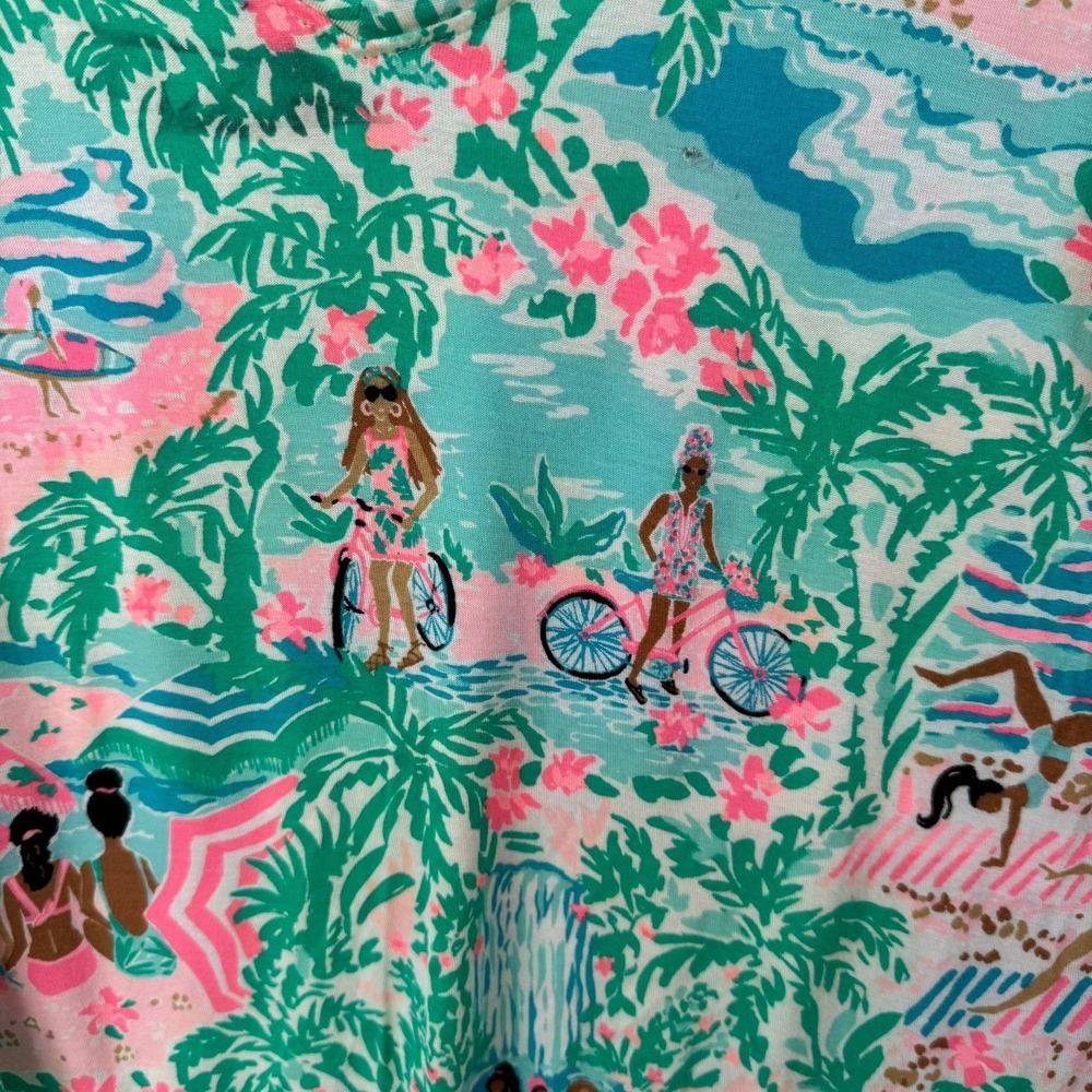 Lilly Pulitzer Etta V-Neck Top XS Kaduwela Beach Scene Long Sleeve Pink Green - Picture 2 of 9